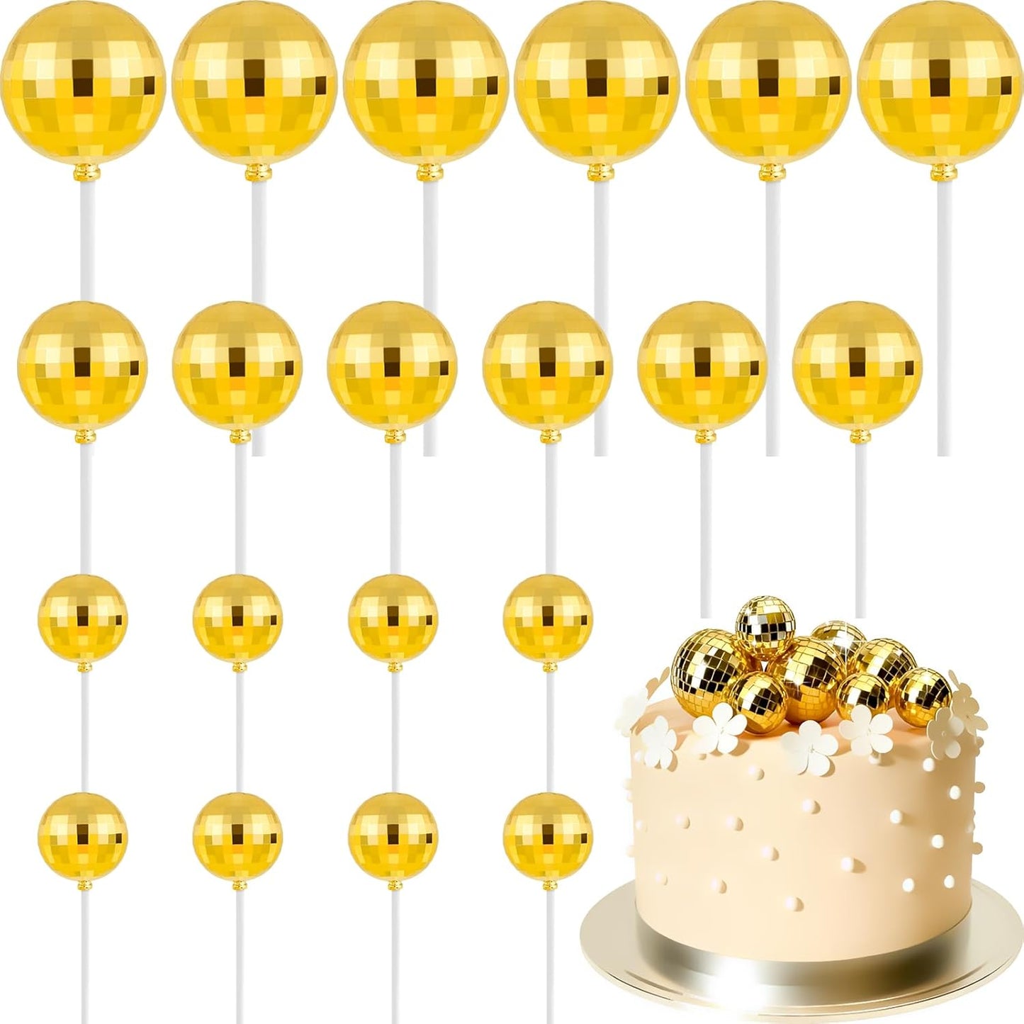 ASTARON 20 Pcs Disco Ball Cake Topper Decorations Sticks Gold Cake Balls Picks Toppers for Birthday Anniversary Disco Retired Theme Party Decorations