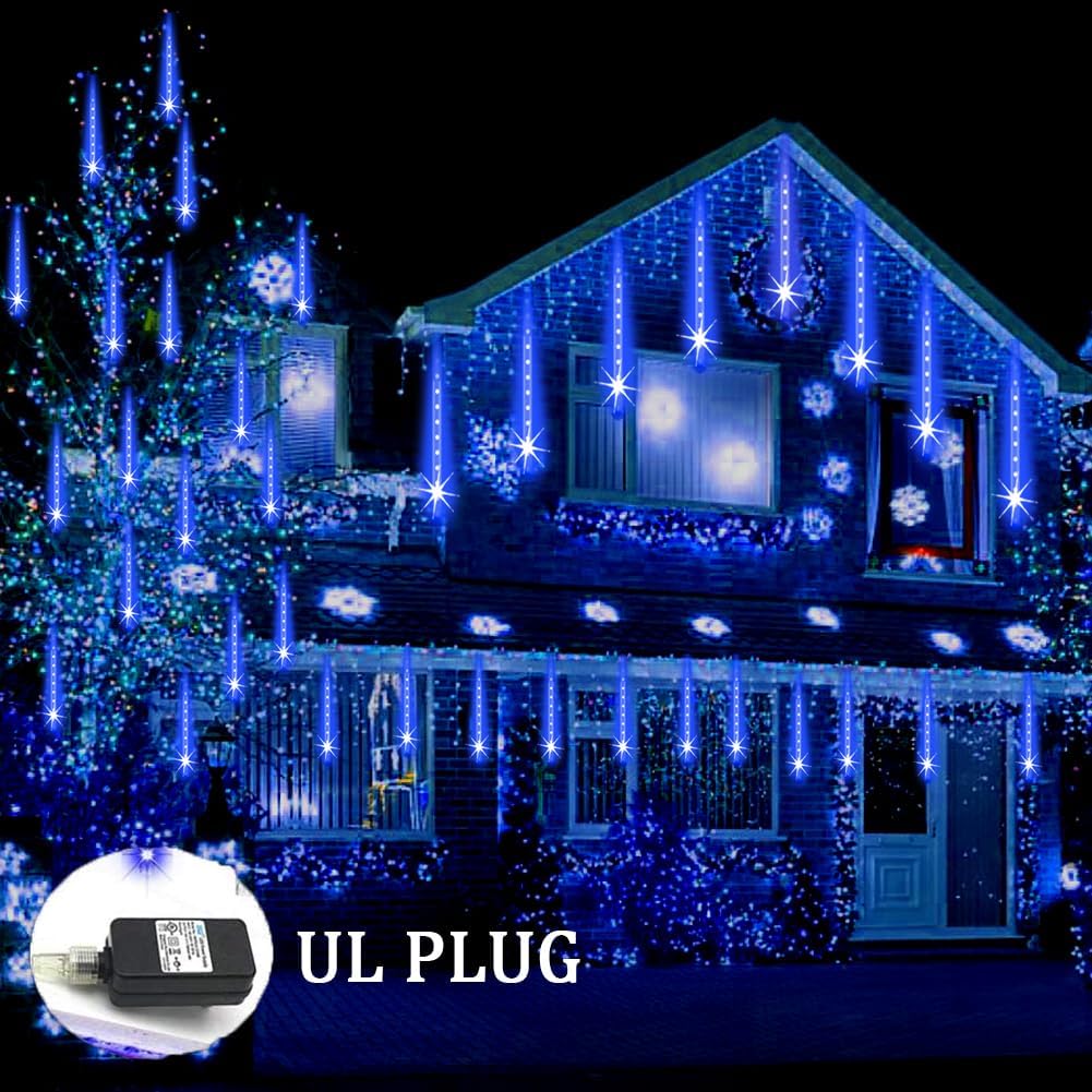 Meteor Shower Lights Outdoor Christmas Lights UL Certified Falling Rain Drop Snowfall Icicle Cascading String Light for Xmas Holiday Tree Wedding Party Garden Decor Blue, 12 Inch 8 Tubes