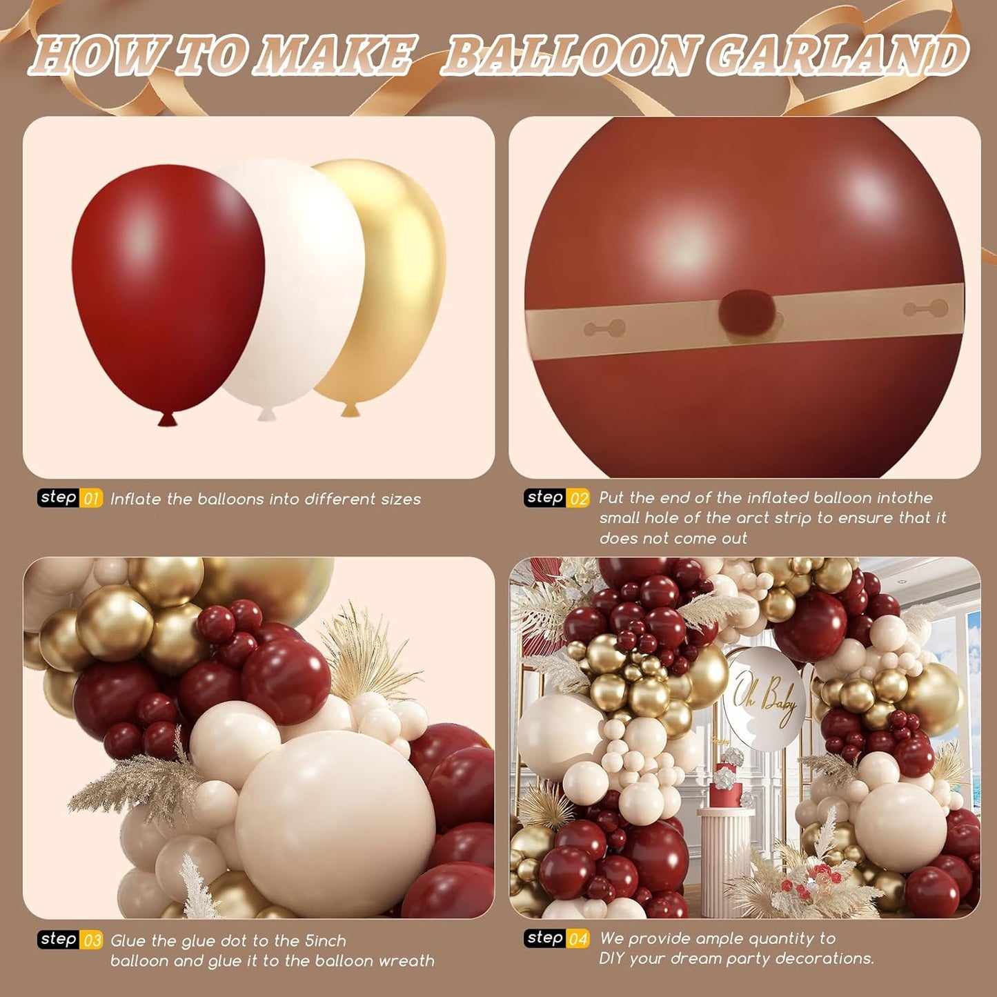 Burgundy Balloon Garland Arch Kit,412Pcs Burgundy and Sand White Metallic Gold Balloons for Wedding Bridal Shower Birthday Wine Anniversary Engagement Party Graduation Decorations