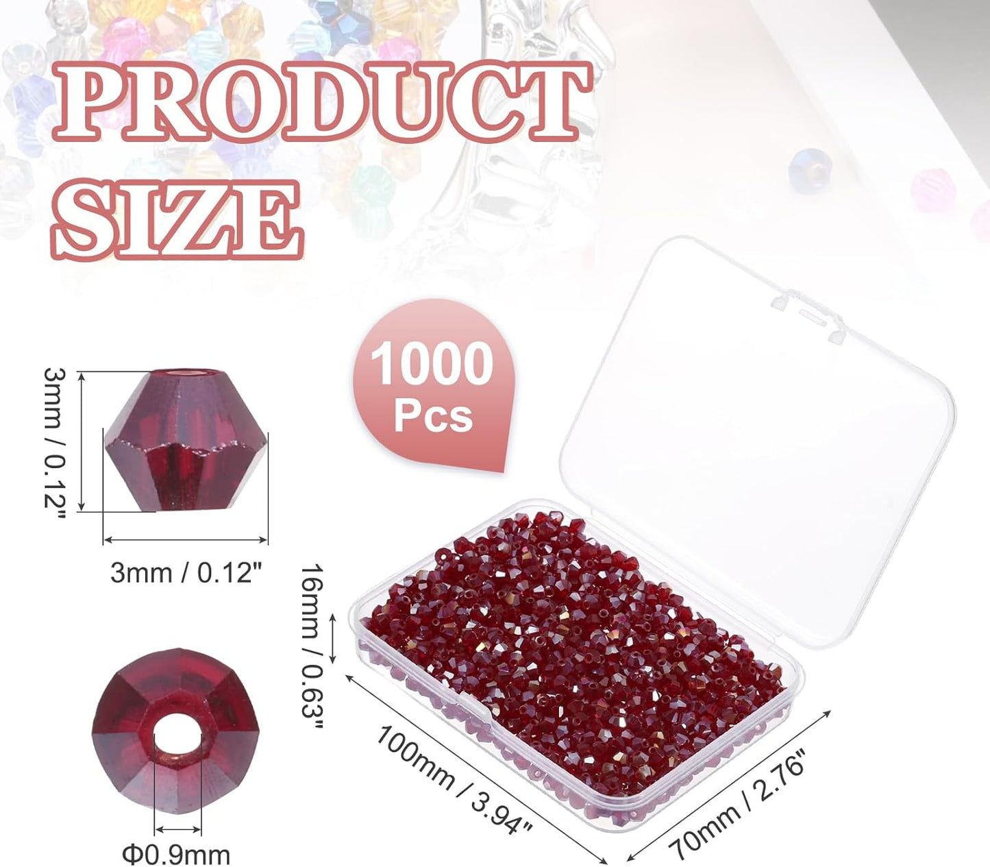 PATIKIL 1000pcs 3mm Bicone Glass Crystal Beads, Faceted Glass Spacer Beads with Box for Jewelry Making Bracelet Necklace Earrings DIY Suncatcher Craft, Dark Red AB