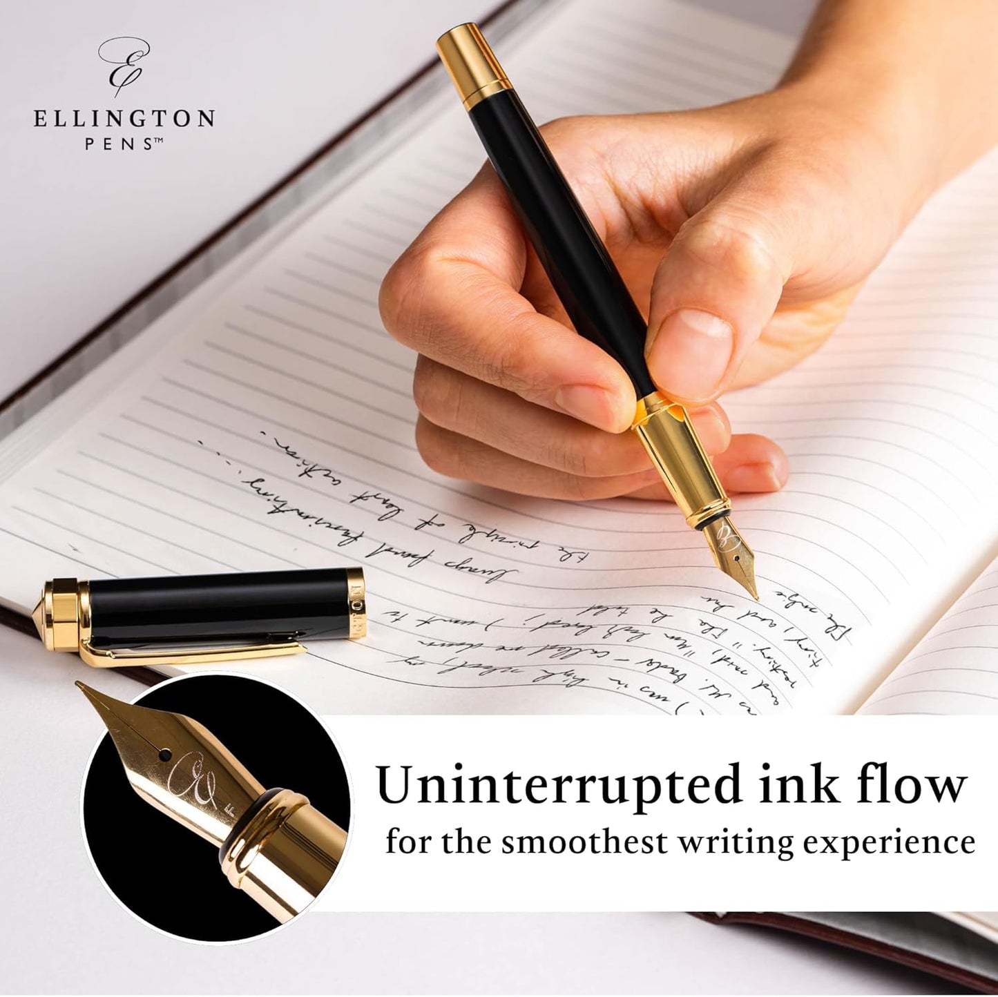 Ellington Pens Luxury Fountain Pen Set- Fountain Pens for Writing - Smooth Medium Nib - Includes Refillable Ink Converter, 3 Ink Cartridges [Black & Blue], Gift Box - Elegant Calligraphy