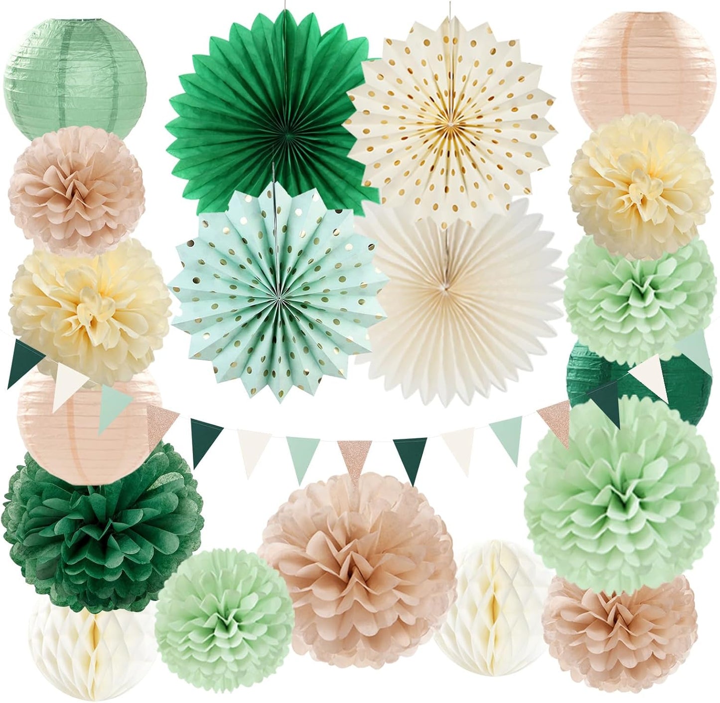 Olive-Sage Green Champagne-Gold Pink Party-Decorations - 20pcs Rustic Wedding Paper Lanterns Fans,Tissue Pom Poms,Honeycomb Balls,Bunting,Boho Bachelorette Neutral Baby Shower Decor Burgleda