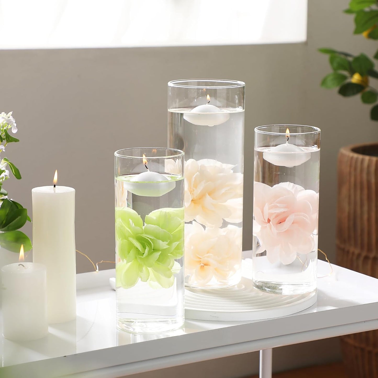 24 Pcs Floating Candles for Centerpieces and Floating Flowers Artificial Flowers Head Vase Filler for Party Home Table Wedding Centerpieces Decoration (White)