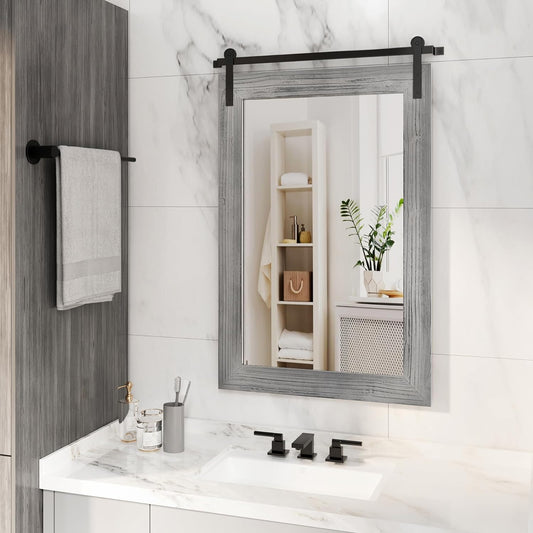 COGOOD Farmhouse Barn Door Mirror - 25 x 38 Rustic Bathroom Mirror for Living Room, Entryway, Vanity Wall Decor (Grey)