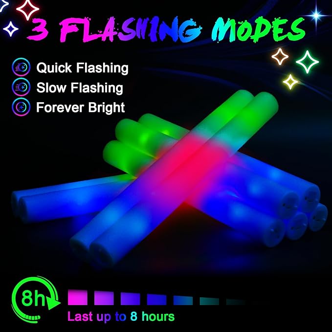 155 Foam Glow Sticks Bulk, Foam Light Up Sticks, Bulk Glow Sticks, LED Foam Sticks with 3 Mode Colorful Flashing,Glow in the Dark Party Supplies for Wedding, Birthday, Concert, Raves, New Year