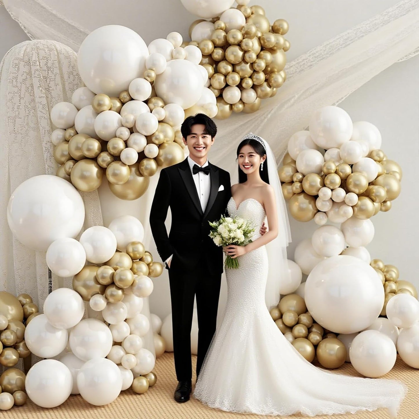 412pcs Sand White Gold Balloon Arch Kit, 18 12 10 5 Inch Different Size White Metallic Gold Latex Balloon for Boho Neutral Baby Shower Wedding Bridal Shower Birthday Decorations