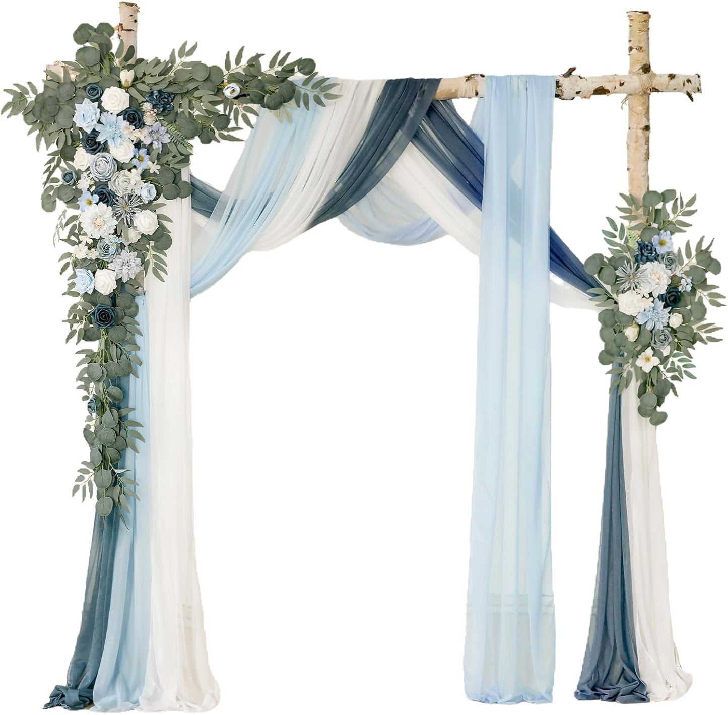 Deluxe Blue Artificial Wedding Arch Flowers with Drapes Kit-Pack of 5, 2pcs Flower Arrangements 3pcs Hanging Sheer Drapes Blue Ceremony Arbor Reception Backdrop Rose Floral Decorations.