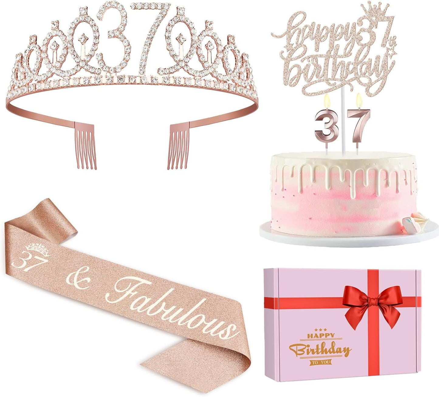 37th Birthday Decorations for Women Including Birthday Sash, Tiara/Crown, Numeral Candles and Cake Topper, 37 Year Old Gifts for Women, Rose Gold Party Decor Supplies
