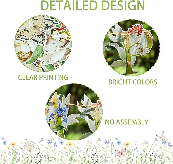 Sunbeauty Wildflower Butterfly Happy Birthday Banner | Garden Party Decoration | Floral Birthday Decorations | Pre-Strung