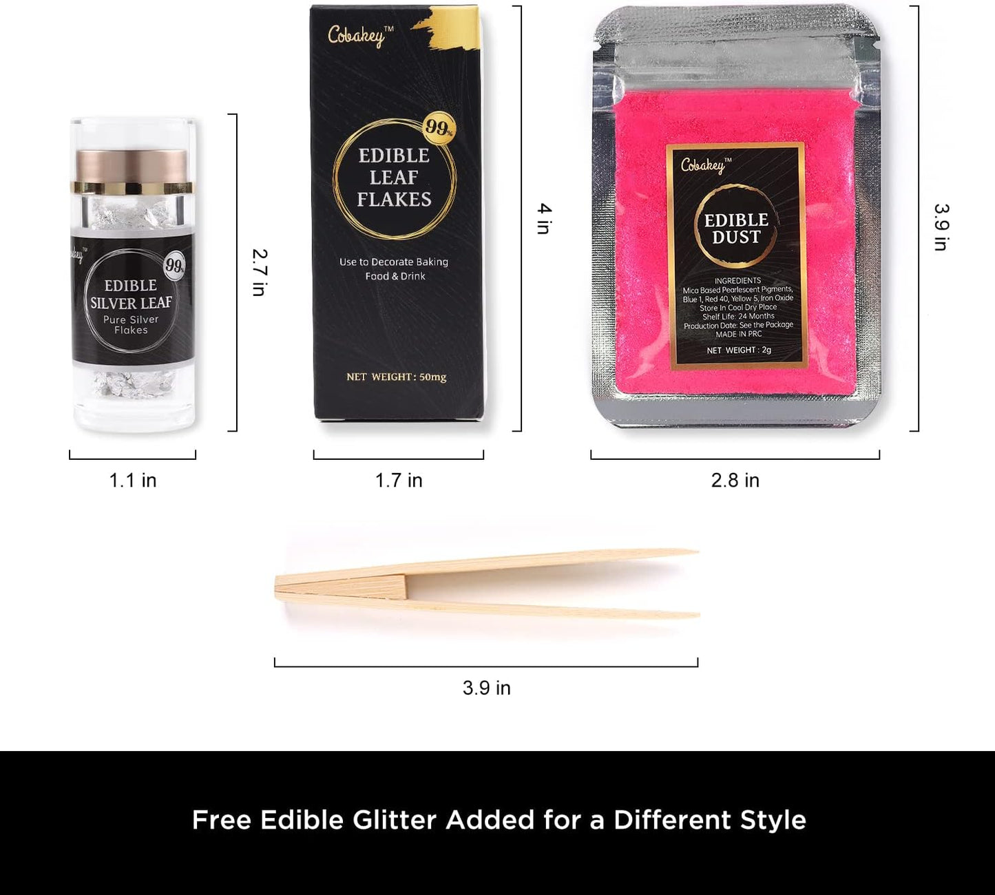 Cobakey Edible Silver Leaf - 50mg Silver Flakes for Cake Decoration (Cupcake, Chocolate, Steak, Drink & Cooking), Edible PureSilver with Edible Glitter & Wooden Tweezers