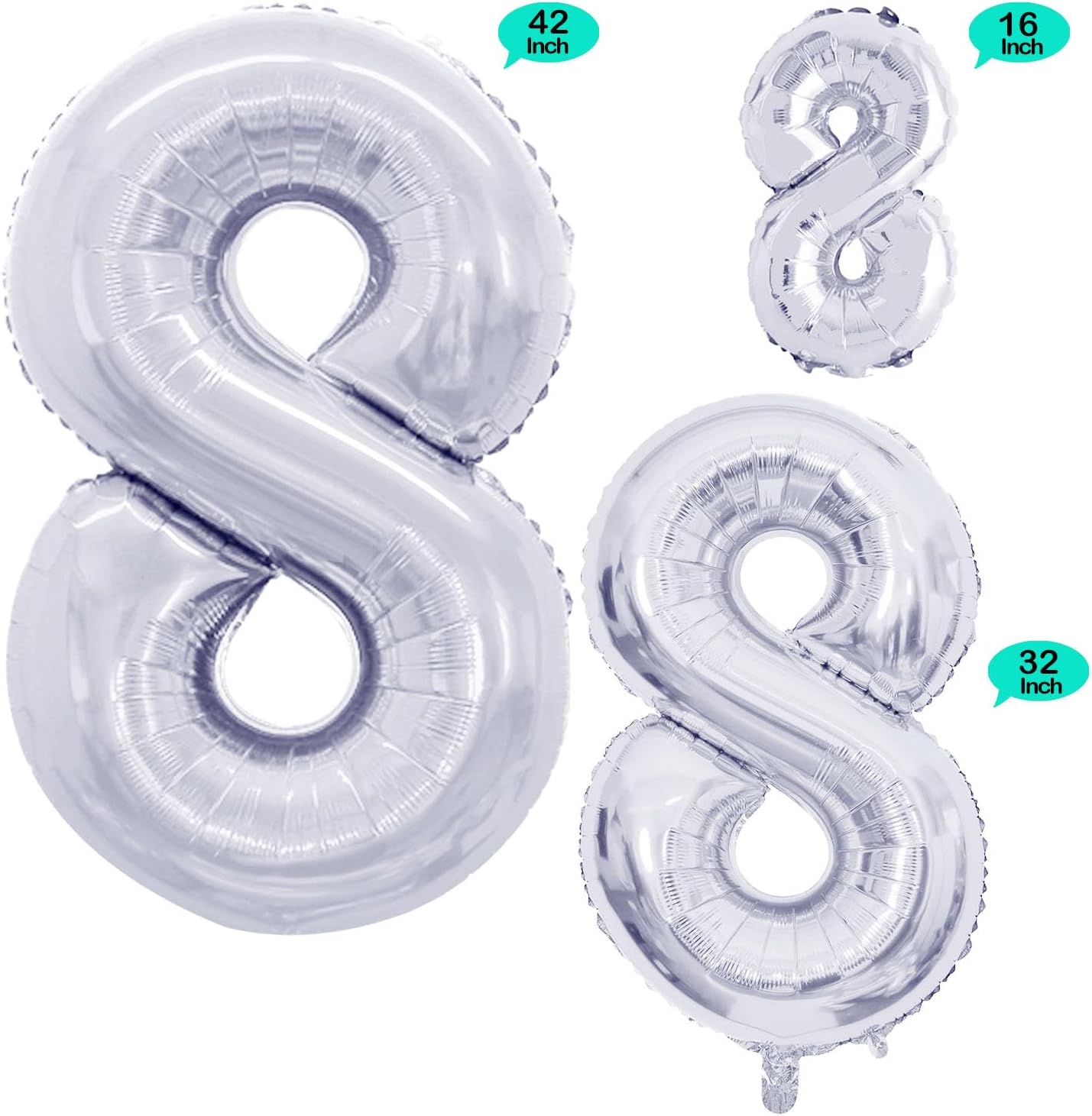 GOER Silver Foil Balloons Number 8,Huge Number Balloons for 8th Birthday Party Supplies Anniversary Decorations(3 pcs,42 inch,32 inc,16inch)