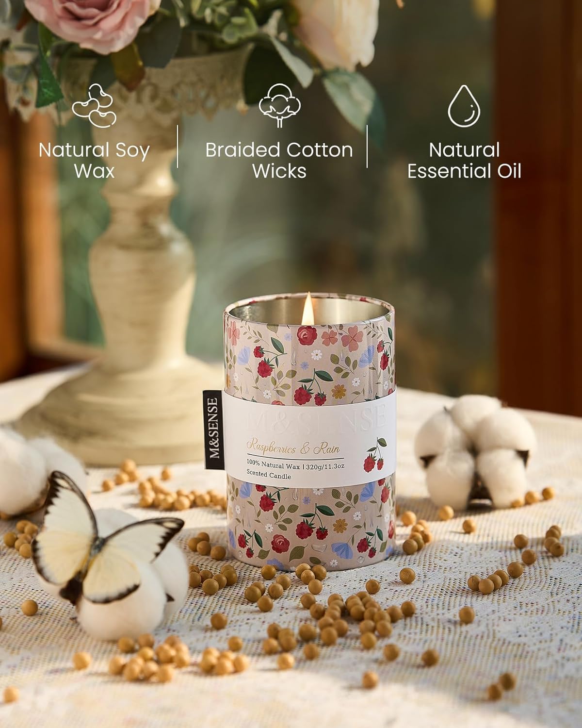 M&SENSE Raspberries Rain Scented Candle, Medium Jar Candle 11.3oz Natural Soy Wax for Home Scented, Floral Candles Gift for Spring Holiday, Up to 70 Hours Burning Long-Lasting Fragrance