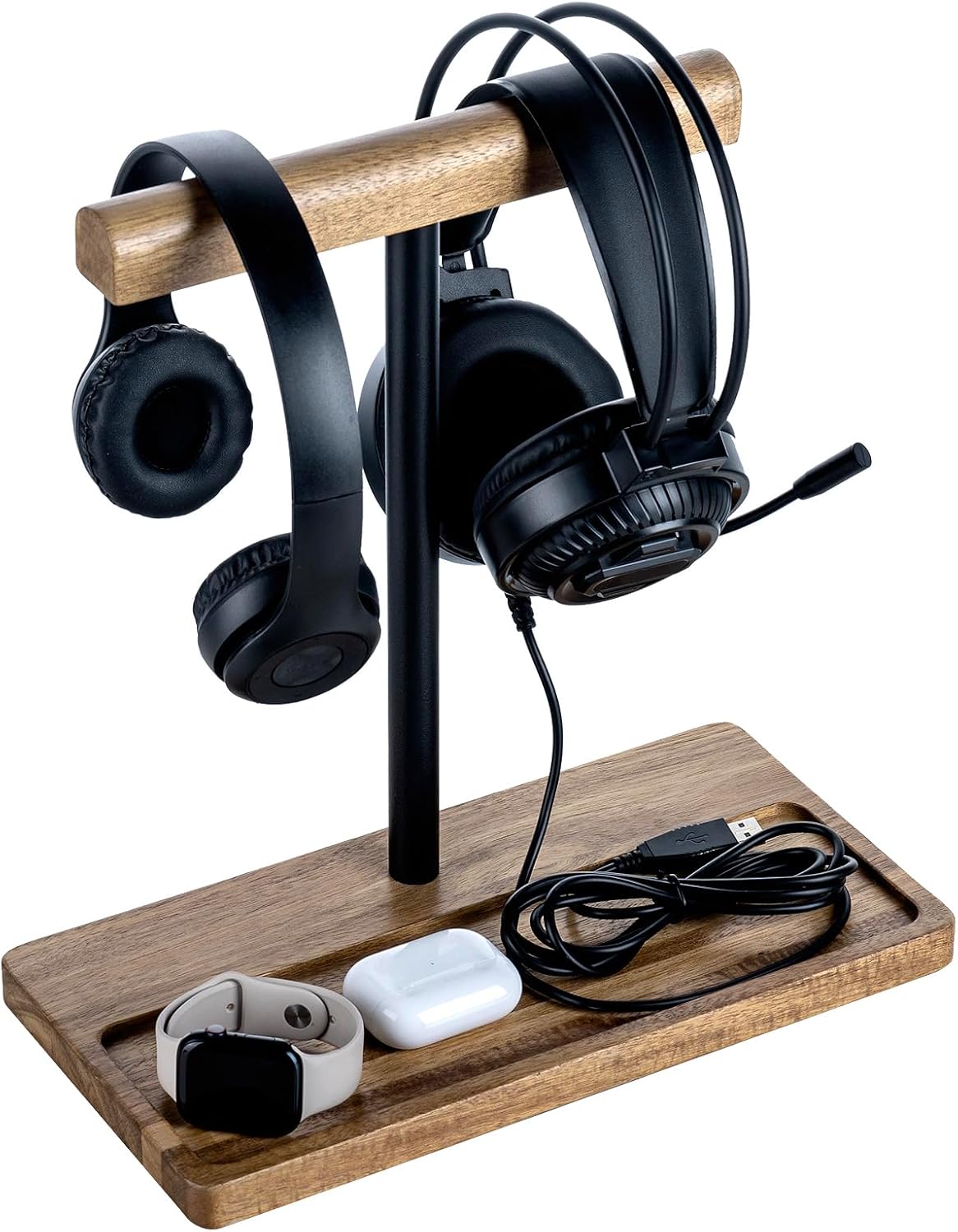 FARM IN Solid Acacia Wood Headphone Stand for Desk Rustic Headset Holder with Storage Base for Gaming and Office Accessories