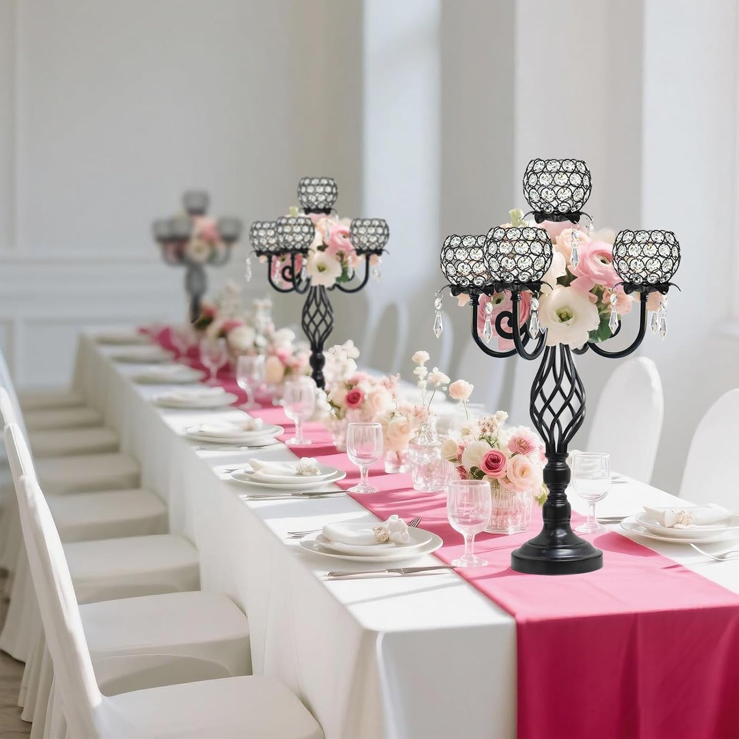 5-Arm Crystal Candelabra Centerpiece 23.2" Tall - Elegant Candle Holder Stand with Crystal Bowl, Chic Table Decor for Weddings, Parties, Anniversary & Home Decoration (4, Black)