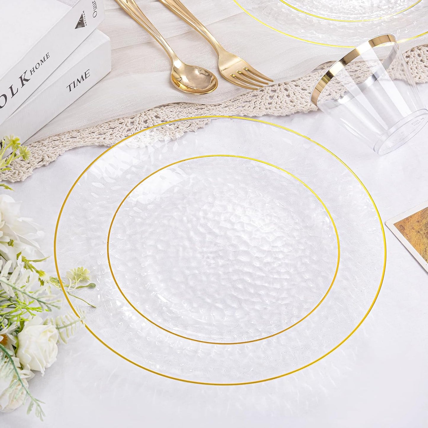 Rubtlamp 350 Pcs Clear Gold Plastic Plates, Hammered Disposable Dinnerware, Clear-Gold Plates Set Include 100 Plastic Platos, 150 Gold Disposable Silverware, 50 Cups And 50 Napkins for Party