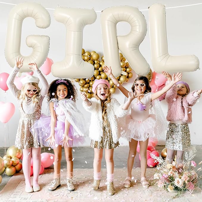 40 Inch Cream Girl Balloons, Large Beige Neutral Letters With Ribbon, Ivory White Sand for Her Birthday Baby Shower or Gender Reveal Party Decoration Supplies