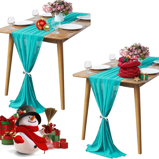 2 Pack 10Ft Turquoise Chiffon Table Runner Sheer 29x120 Inch for Romantic Wedding Decor Bridal & Baby Shower Birthday Rustic Party Decoration