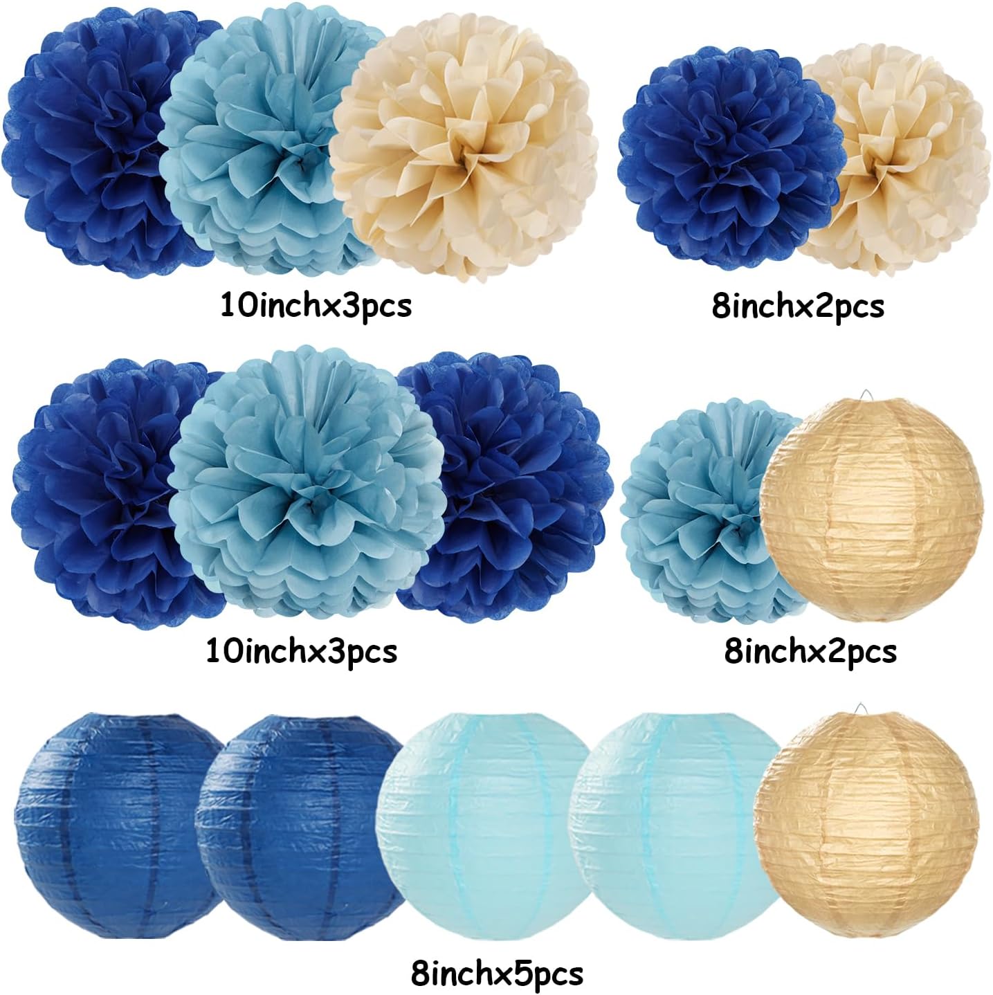 Dusty-Navy Blue Champagne-Gold Paper-Flowers Lanterns - 15pc Christmas Graduation Party Decorations Tissue Pom Poms Streamers,Birthday Bachelorette Bridal Baby Shower Engagement Wedding Decor Panduola
