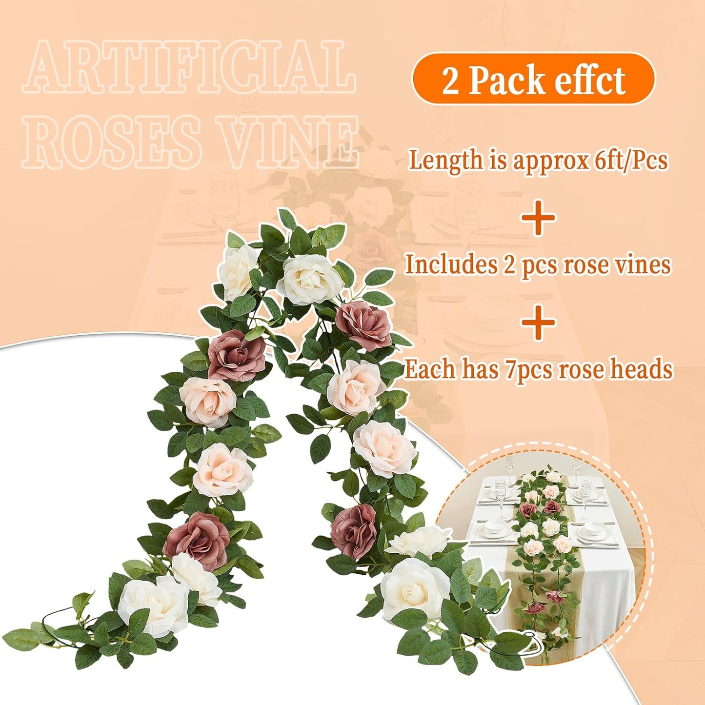 Artificial Rose Garlands Rose Vines Leaves Banners Hanging Floral Garland Fake Rose Flower Vine for Wedding Arch Ceremony Home Garden Outdoor Party Wall Decorations