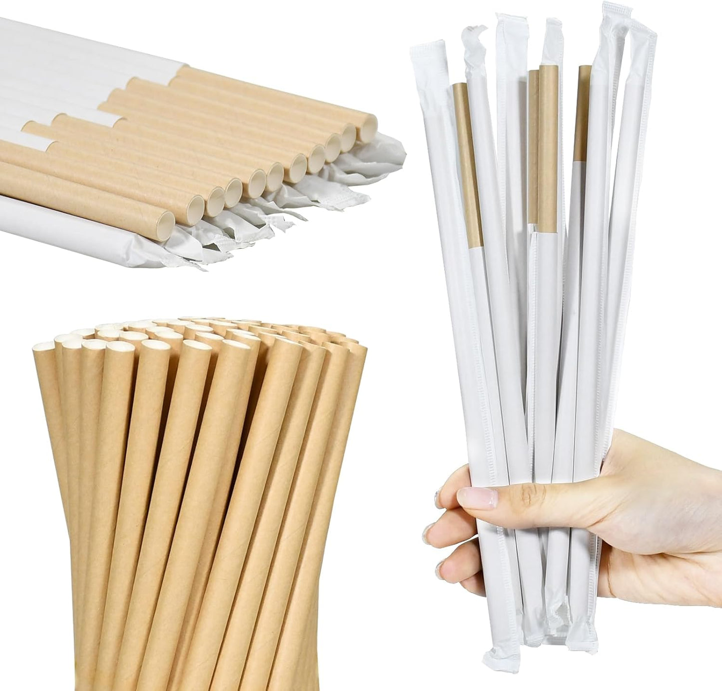 9'' x 0.31'' Giant Paper Drinking Straws Individually Wrapped 300 Counts, Dye-free Brown Kraft - 4 Ply Thick Paper