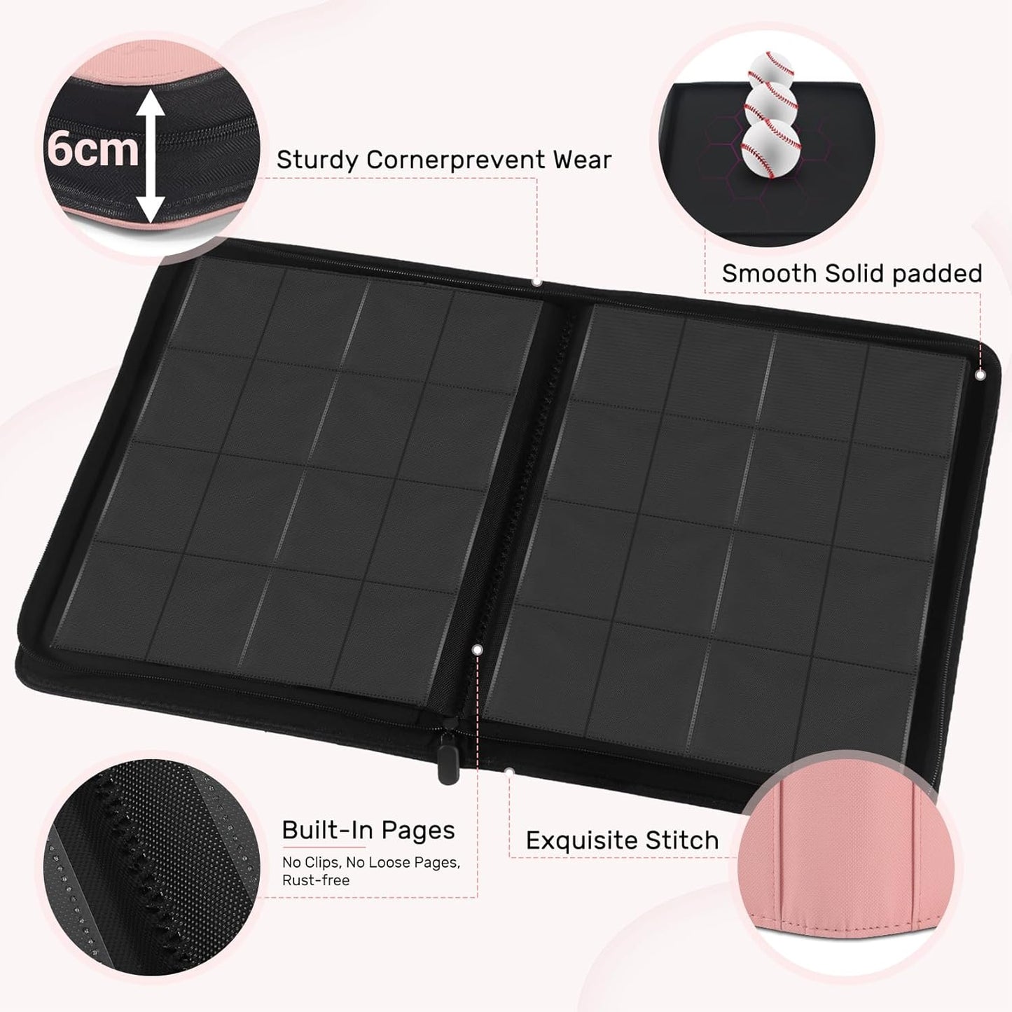 Card Binder 16 Pocket, Zipper Trading Card Binder Holds 1024 Cards, Double-sided Side Loading Card Storage Album, Ringless Card Protector, Card Collection Binder for TCG, MTG, Game Sport Card, Pink