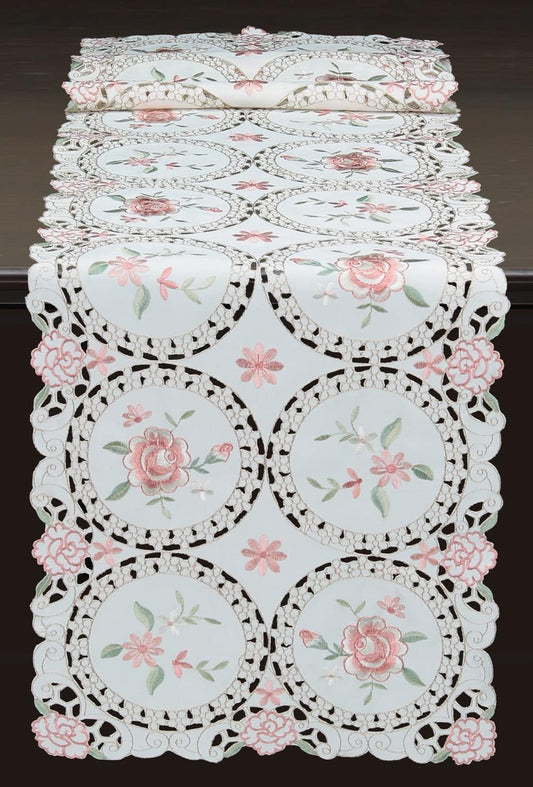 Creative Linens Embroidered Pink Rose Daisy Floral Table Runner Dresser Scarf 15x52 Ivory Spring