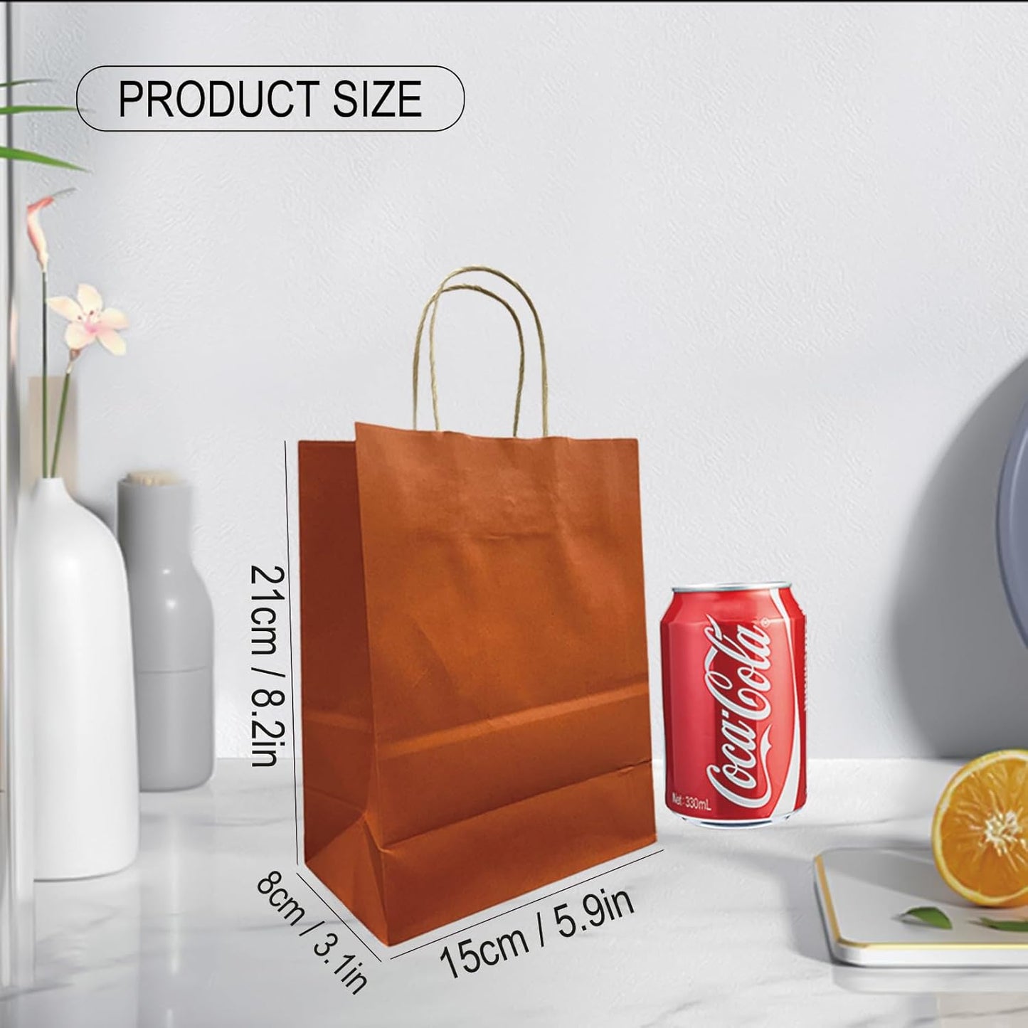 BAG BOX 25 Pack Small 5.9x3.1x8.25 Inch Orange Kraft Paper Gift Bags with Handles for Bulk Shopping, Retail, Craft, Party Favors, Wedding, Grocery & Sacks