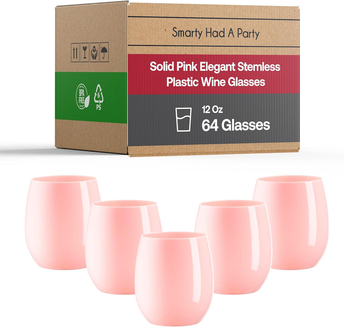 Smarty Had A Party 64 Glasses 12 oz. Solid Pink Elegant Stemless Plastic Wine Glasses, Disposable Drinkware, Plastic Wine Glasses for Parties