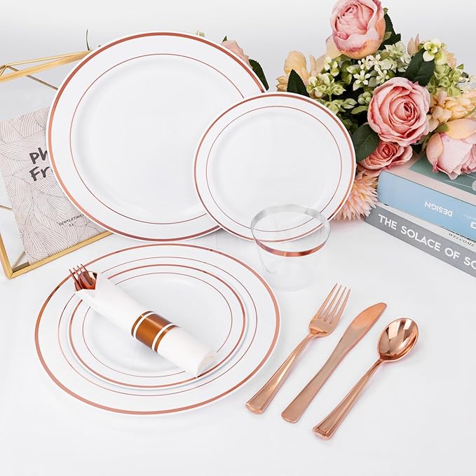 WELLIFE 350Pcs Rose Gold Plastic Plates for 50 Guests - Plastic Dinnerware Set,Party Supplies Includes 100 Rose Gold plates,150 Silverware,50 Napkins,50 Cups for Party and Valentine's Day
