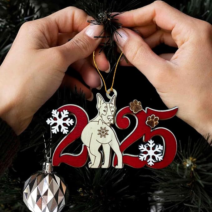 Doberman Pinscher 2025 Wooden Christmas Ornament – Dog Lover Xmas Tree Hanging Decoration, Holiday Keepsake Gift with Snowflakes & Paw Prints