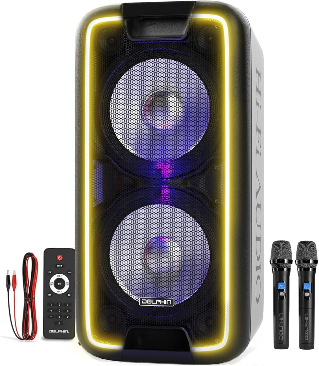 Dolphin 1000W Karaoke Party Speaker with 2 Wireless Microphones, Bluetooth, LED Lights, Tailgate Ready, and Long-Lasting Battery