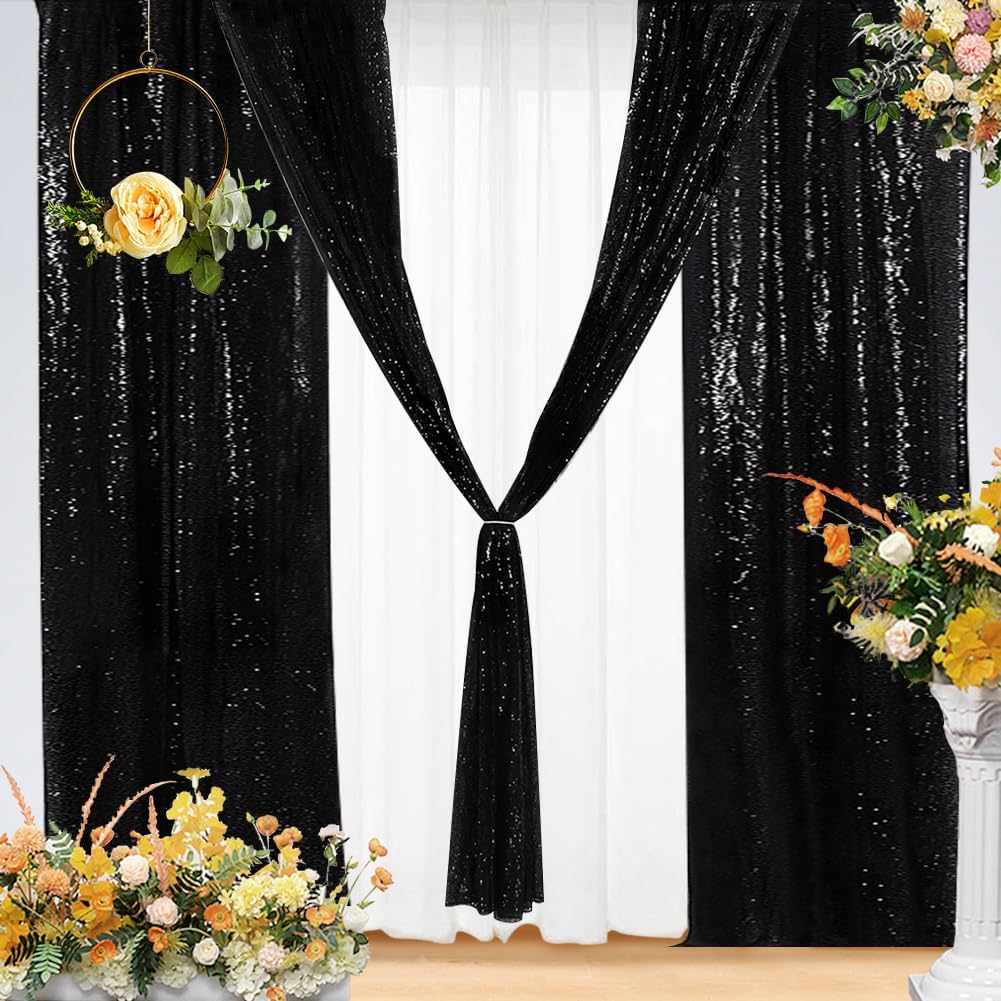 Eternal Beauty Sequin Backdrop Curtains, 2x8 Ft-2 Panels Black Back Drop for Shimmer Photography Party Wedding Birthday Decor