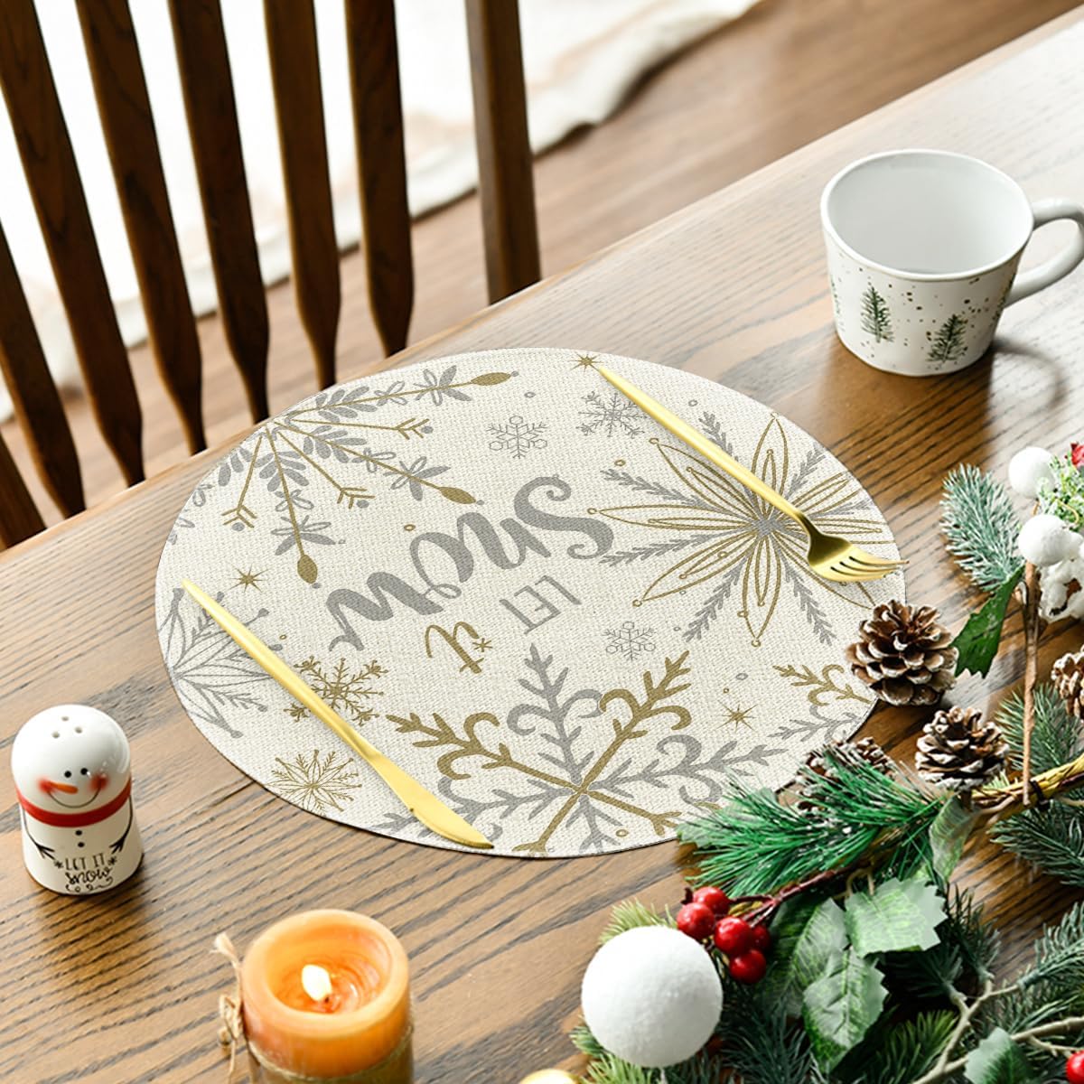 Artoid Mode Beige Snowflake Let It Snow Winter Placemats Set of 6, 14 Inch Seasonal Christmas Xmas Round Table Mats for Dining Decoration