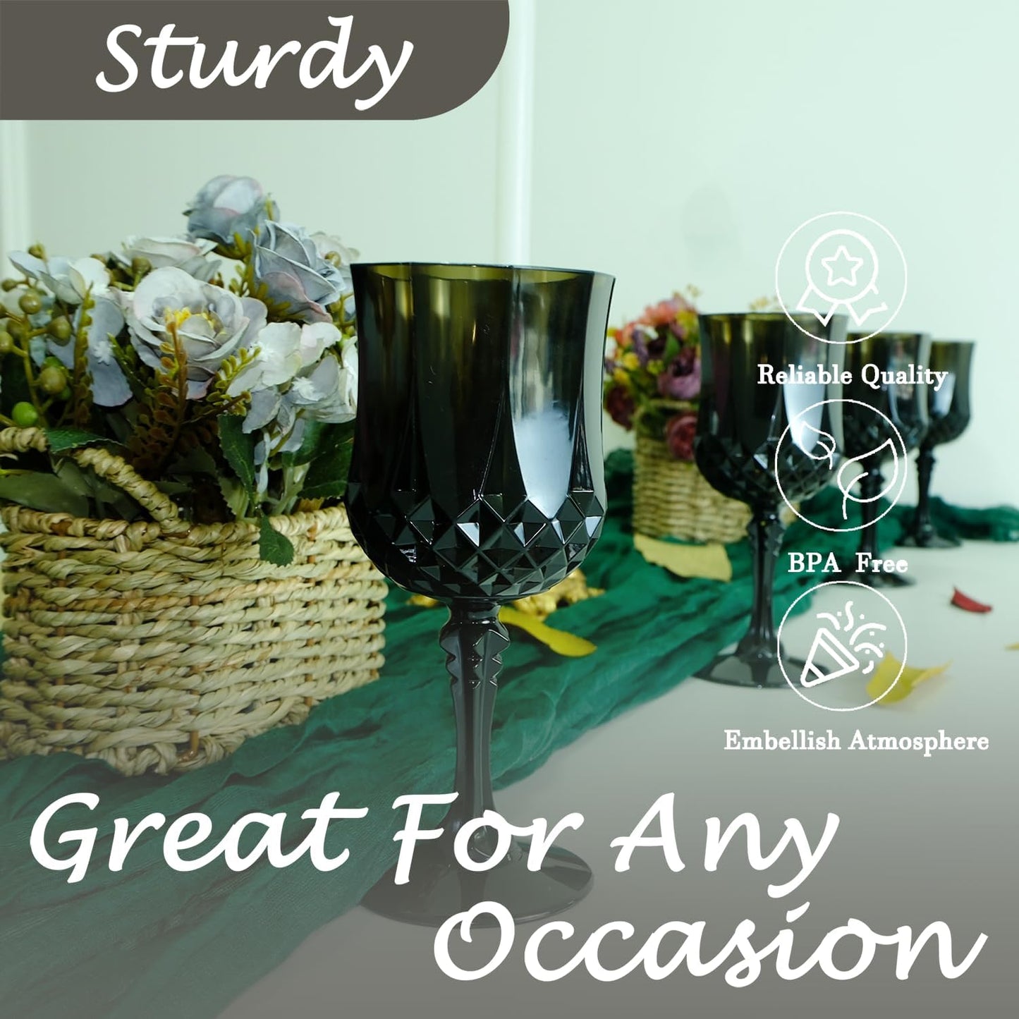 Plastic Wine Glasses，Plastic Goblets Vintage Style Cordial Drinking Glasses for Wedding Reception, Halloween Grand Event Party Supplies (12, Black)