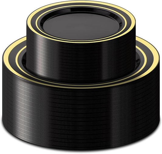BESTSTAR 100PCS Black Plastic Plates Set with Gold Rim, 50 10.25 inch Dinner Plates and 50 7.5 inch Dessert Plates, Premium Disposable Plates forfor Party, Wedding, Holiday,And Halloween