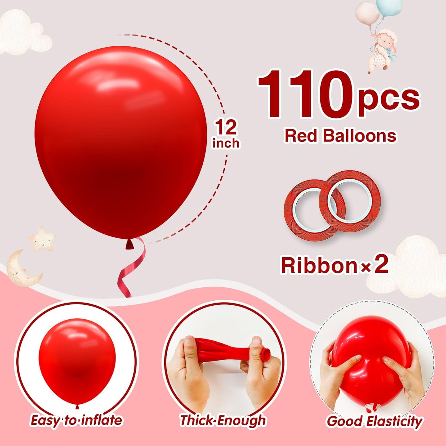 110pcs Red Balloons 12 Inch Bright Red Latex Balloon Garland Arch Kit for Birthday Baby Shower Anniversary Graduation Wedding Party Decorations