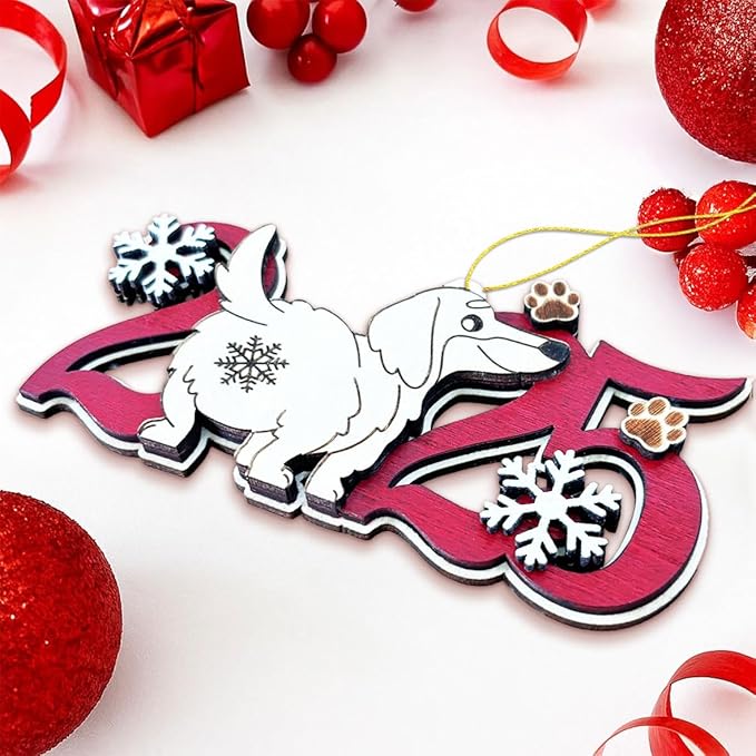 Longhaired Dachshund 2025 Christmas Ornament – Cute Wooden Dog Tree Decoration with Snowflakes & Paw Prints for Dachshund Lovers, Pet Owner Christmas Décor
