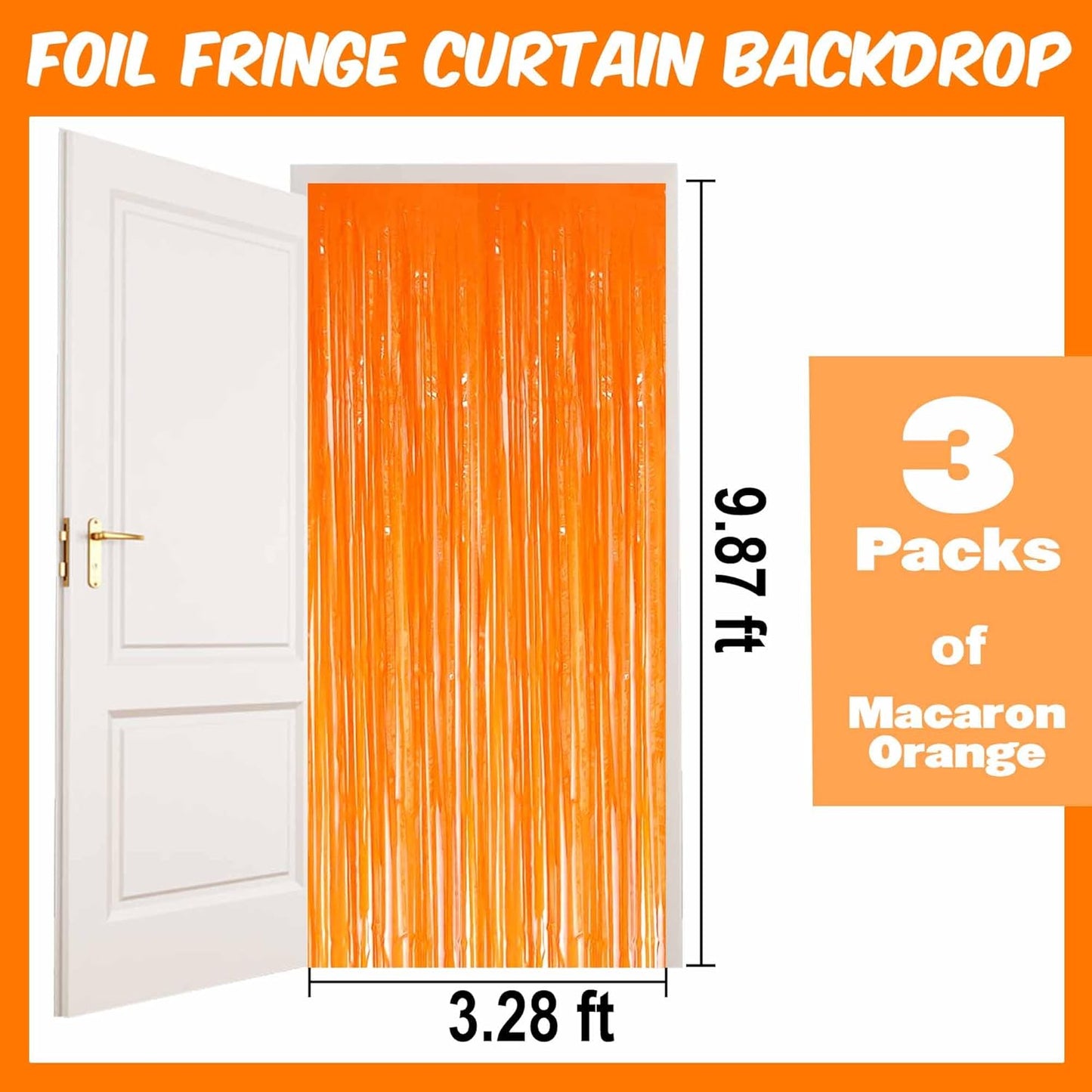 3 Pack Macaron Orange Foil Fringe Curtains Backdrop, 3.28 x 9.8 Ft Metallic Streamers Tinsel Curtains Background for Photo Booth, Birthday, Halloween, Christmas, New Year Party Decorations