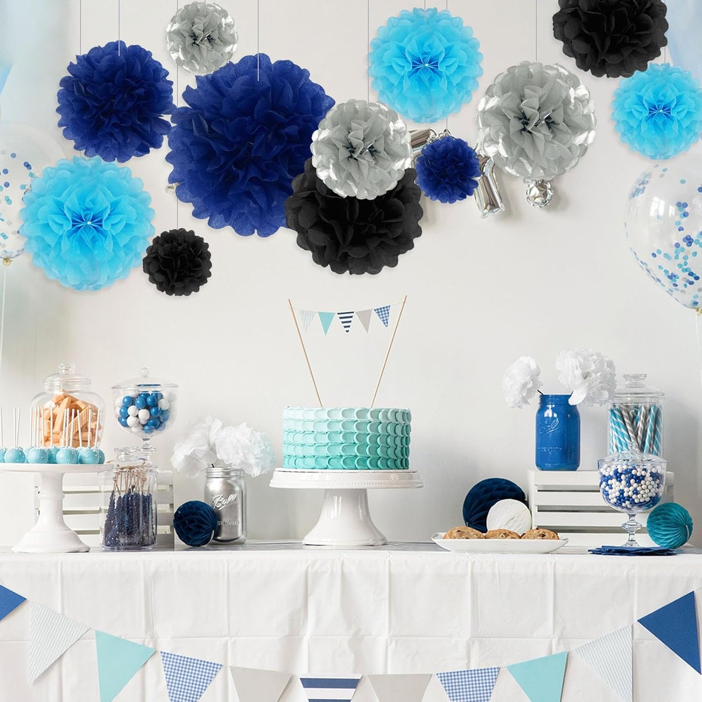 Tissue Paper Pom Poms, Black Silver Blue Tissue Paper Flowers, Hanging Flower Balls for Weddings Fiesta Parties Birthday Baby Showers Classroom Bridal Shower Decoration (20Piece Set-6/10/12/14Inch)