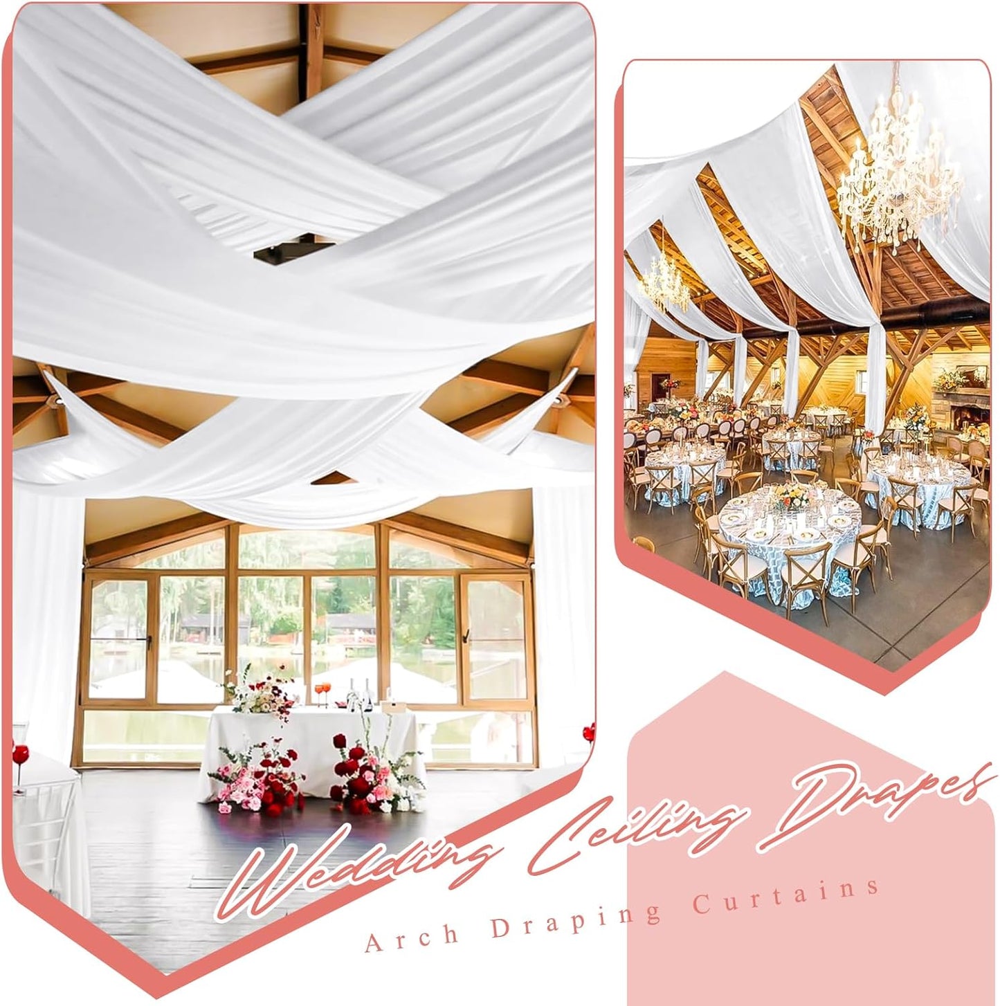 10 Panels White Ceiling Drapes for Wedding 5ftx30ft Sheer Drapery Chiffon Fabric Arch Draping Curtains for Party Ceremony Birthday Baby Shower Reception Stage Ceiling Decorations