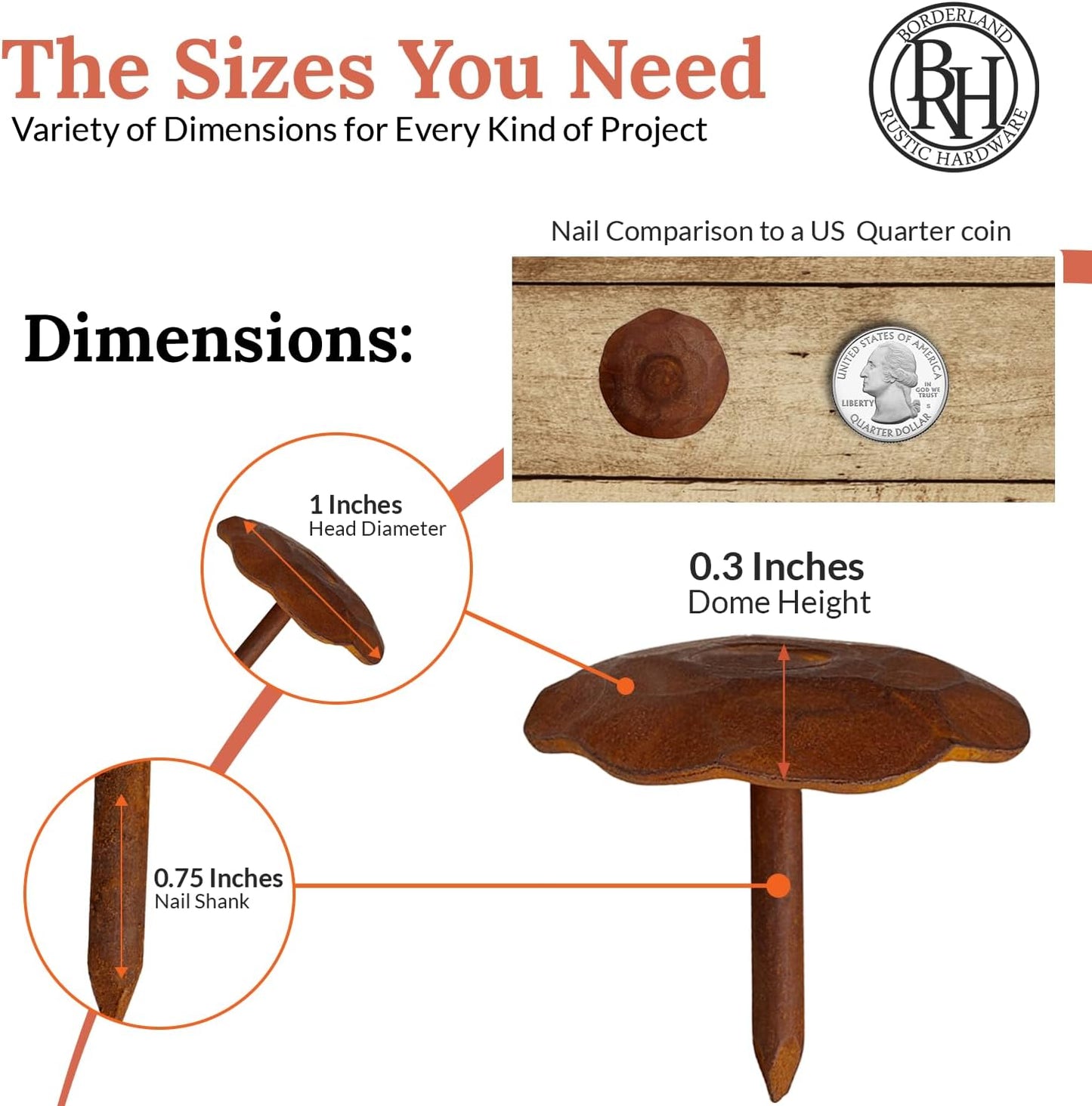 50 Pack 1" Small Round Head Iron Clavos Decorative Nails – Rusted – Handmade Rustic Round Fasteners for Farmhouse Shutter, Faux Wood Beams, Barn Door, Shutters, and Gates – Ornamental Wood Accent