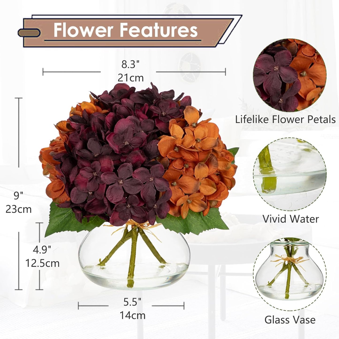 Hollyone Fall Hydrangea Artificial Flowers for Decoration with Glass Vase Dark Red Orange Autumn Silk Faux Flower Arrangements with Faux Water Fake Bouquet Table Centerpiece Fall Decorations for Home