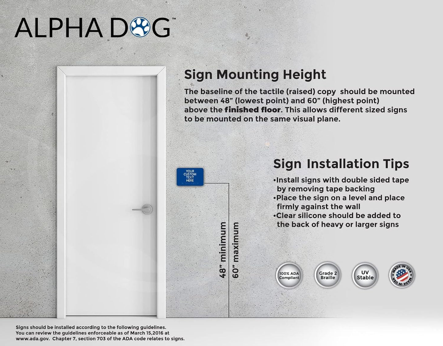 ALPHA DOG ADA SIGNS Custom ADA Compliant Braille Sign, 6"x9" Room Identification Plaque, Tactile Text, Raised Letters, Personalized 4-Line, Indoor/Outdoor, USA-Made (Blue)