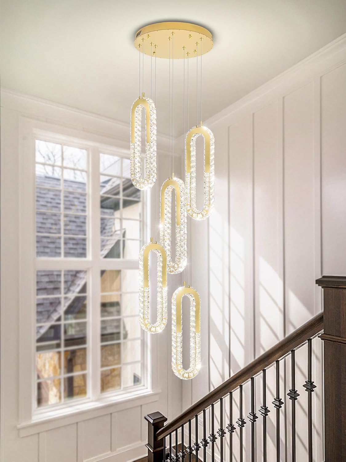 5 Rings Crystal Chandeliers for Staircase Large Pendants Light Fixture Gold High Ceiling Chandelier for Entryway Bedroom Foyer 2700K-6000K