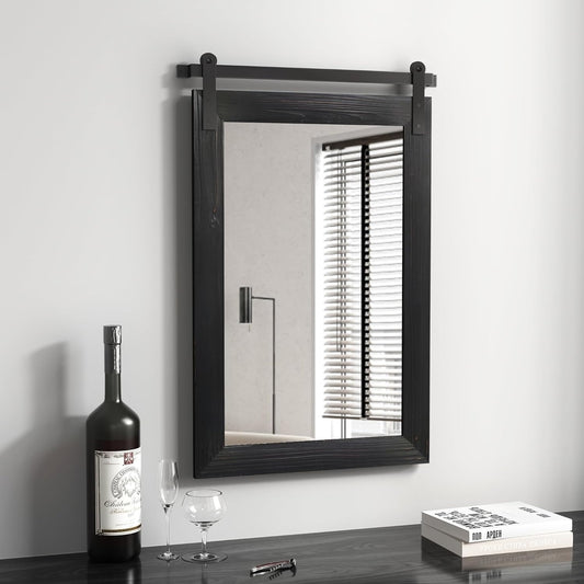 COGOOD Farmhouse Barn Door Mirror - 17 x 26 Rustic Wood Framed Wall Mirror for Bathroom, Living Room, Entryway Wall Decor (Black)