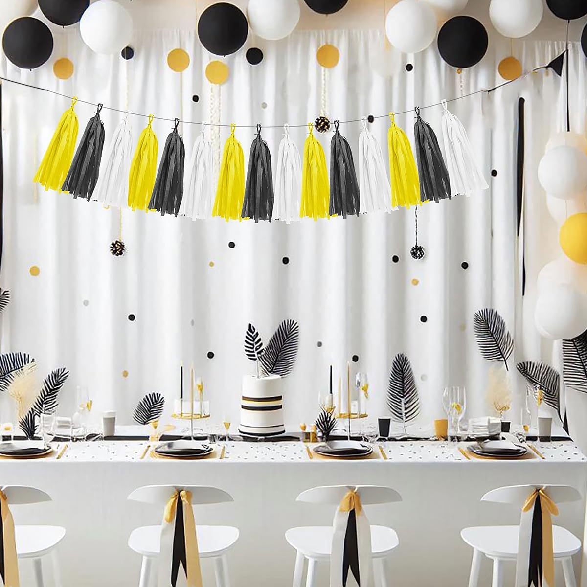 Yellow White Black Party Decorations - 15pcs Tissue Paper Tassel Garland for Birthday Baby Bridal Shower Wedding Graduation Hanging Decor HongTongTong