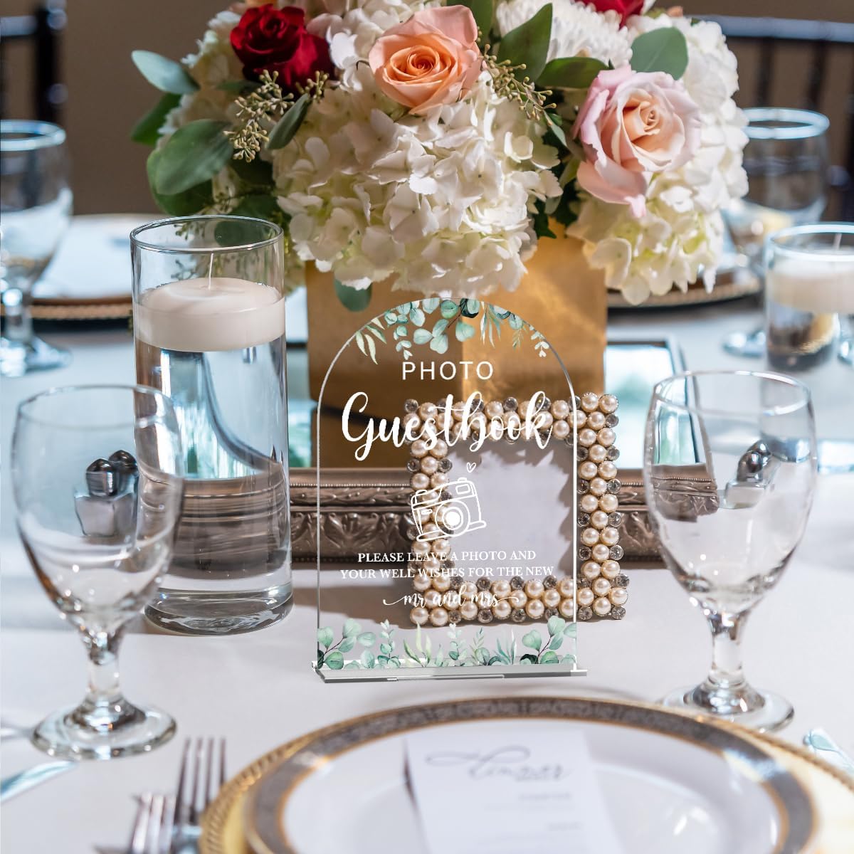 Acrylic Wedding Sign Photo Guestbook Signs for Ceremony Modern Calligraphy Arch Acrylic Table Top Signs for Wedding Reception and Event Party Table Decor (Eucalyptus Leaves)