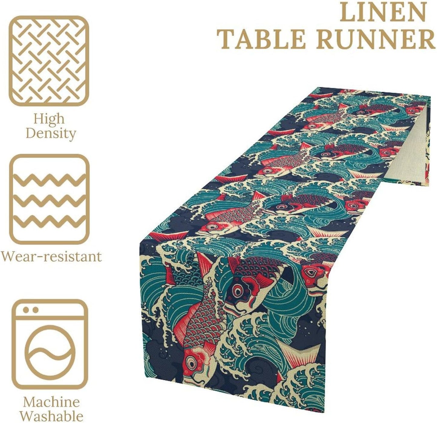 Kio Fish Table Runner Waves Japanese Tradition Art Printed Burlap Runner Home Kitchen Dining Table Living Room Decor Fabric 1 Panel W13xL90in