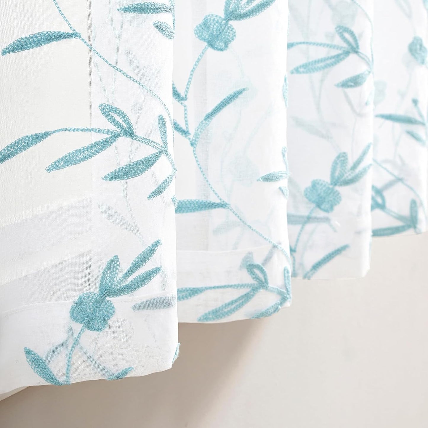 Sheer Curtains White-Blue Embroidery 63 Inch Length Rod Pocket Voile Drapes for Living room, Bedroom, Window Treatments Semi Flower Pattern Curtain Panels for Yard, Farmhouse, Set of 2, 52"x 63".