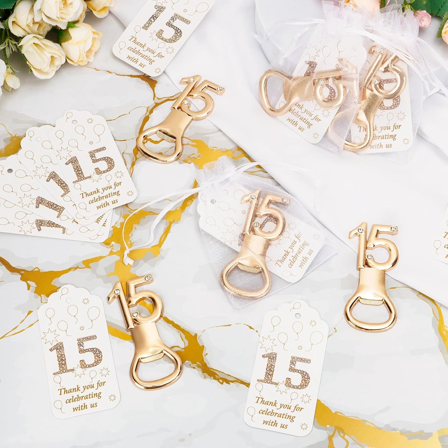50Pcs 15 Gold Bottle Openers For 15th Birthday Party Favor 15th Birthday Bottle Opener Set Gift For Girls Boys Wedding Anniversaries Souvenirs Favor Party Quinceañera Recuerdos